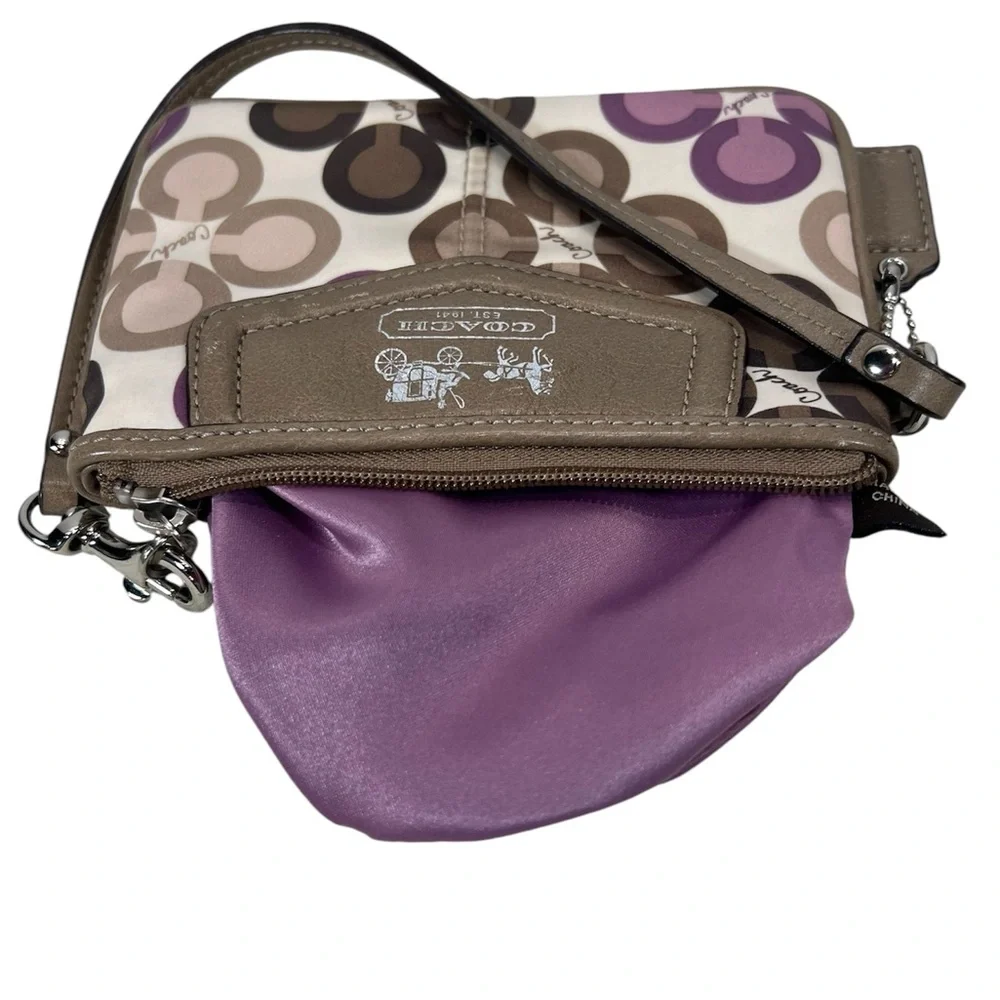 Coach Signature Circle Print Wristlet in Brown, Cream & Purple